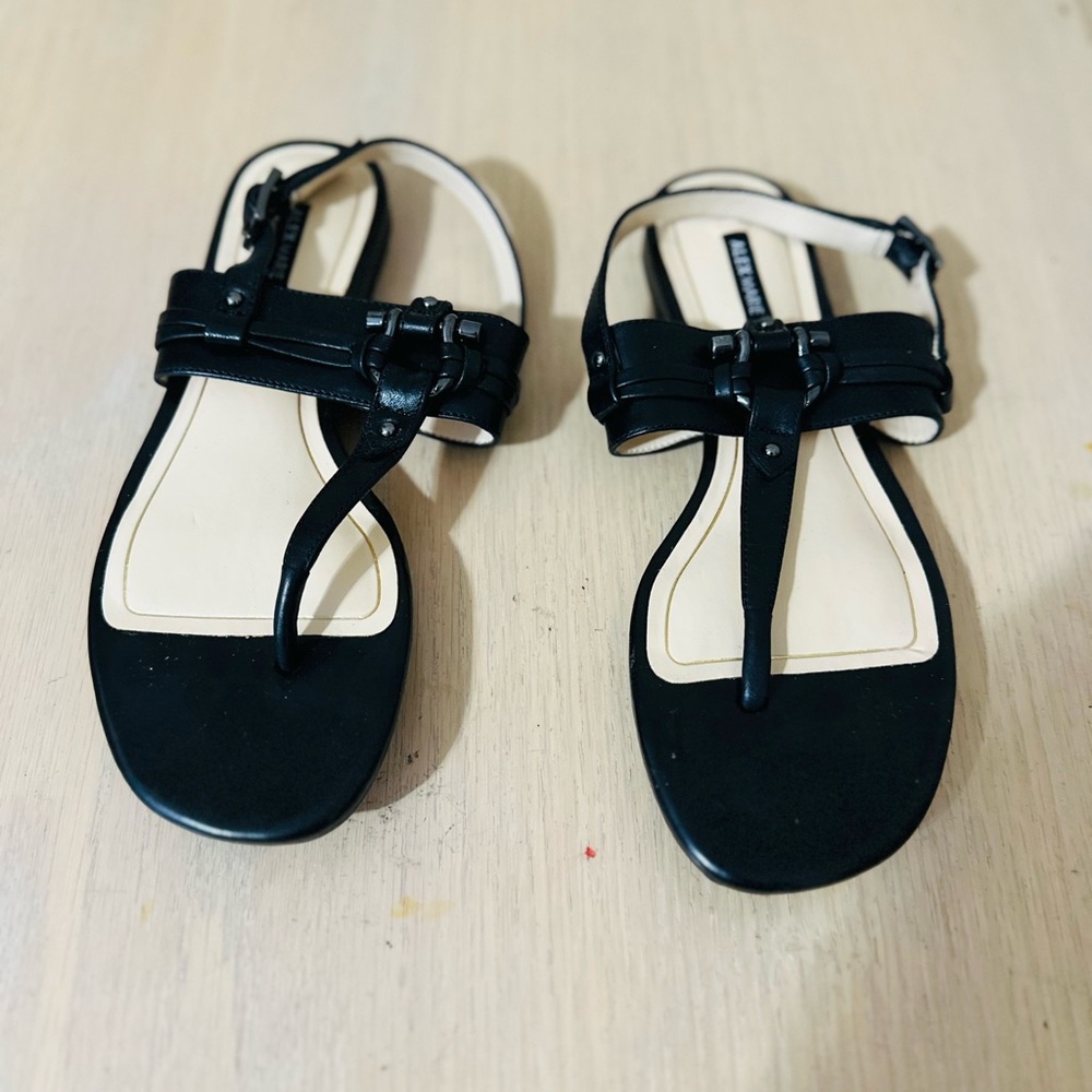 Alex Marie Black T-Strap Flat Sandals with Buckle Detail